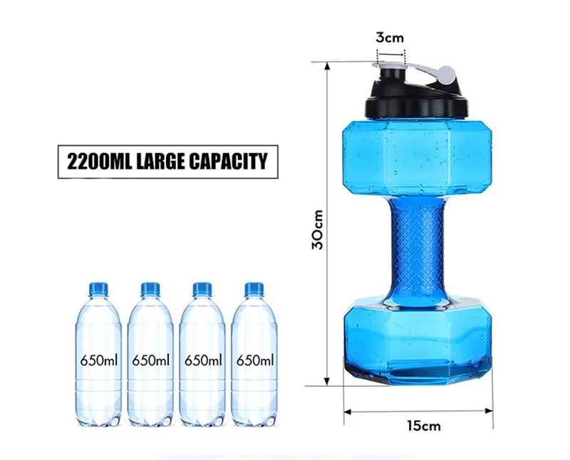 bouteille deau haltere, Bleu, Noir, capacitée 550 ml à 2600 ml, Exercice, Hydratation, Force, Multi Fonction Entrainement Exterieur