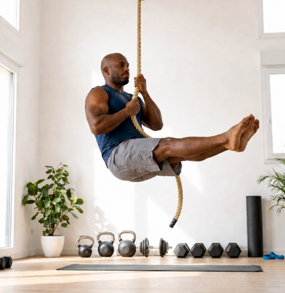 homme grimpe corde 3m salon