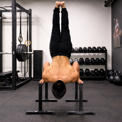 homme qui fait handstand push up sur parallettes