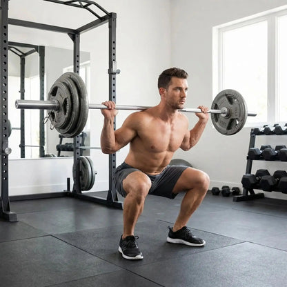 homme squat barre olympique