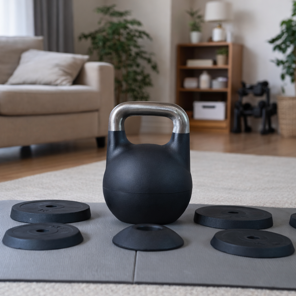 kettlebell reglable sur tapis salon