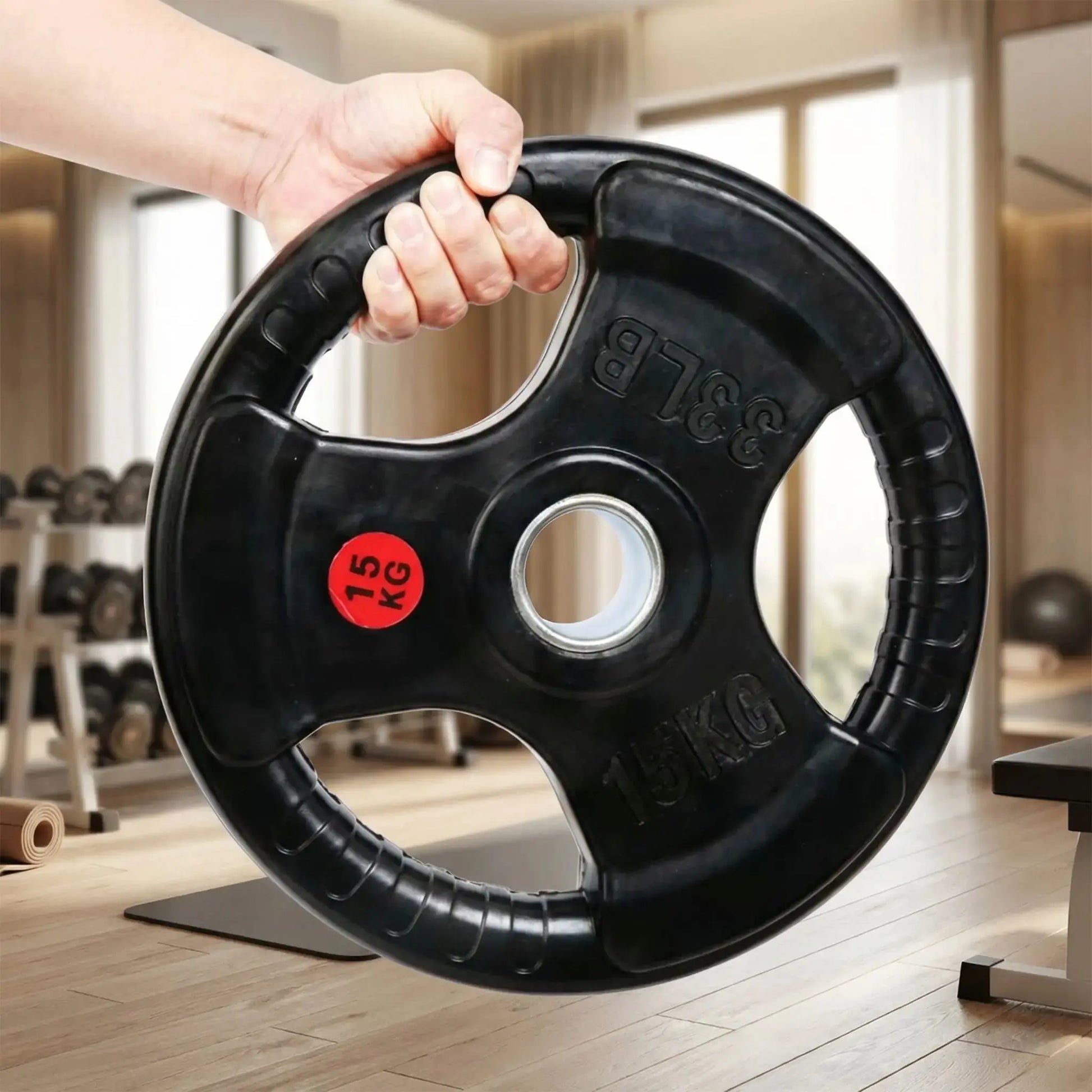 main tien disque musculation home gym arriere plan